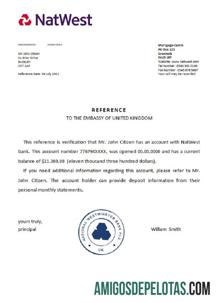 Referência Natwest do Reino Unido exemplo real